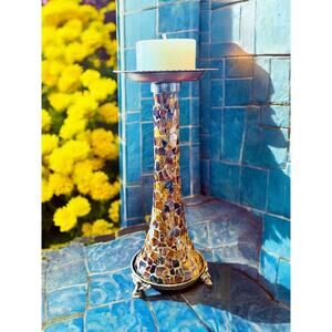 Vintage Amber Mosaic Glass & Brass 11'' Pillar Candle Holder-Boho Chic Decor-Art
